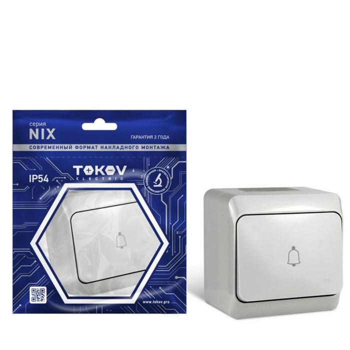 Кнопка звонка  TOKOV ELECTRIC, Nix, 10А, IP54, 250В, серый, TKE-NX-DB-C06-IP54 - Фото 1