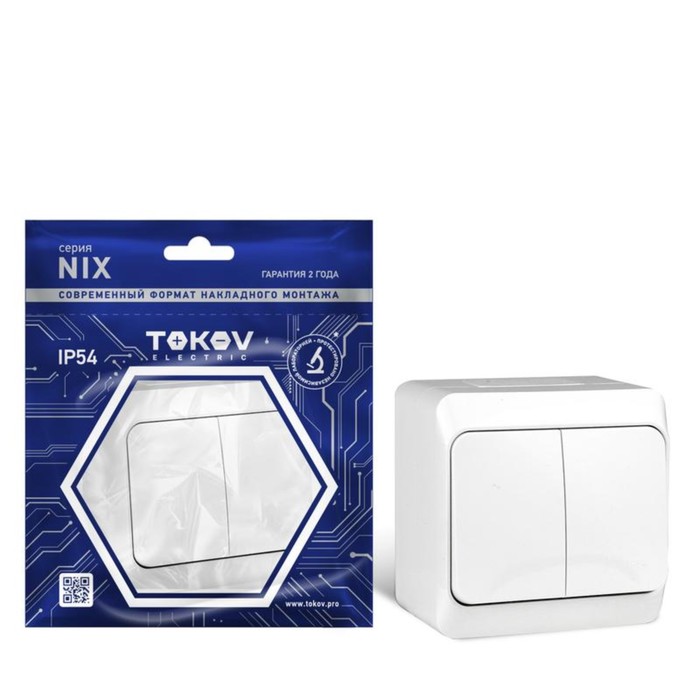 Выключатель TOKOV ELECTRIC, Nix, 2 клавиши, 10А, IP54, 250В, белая, TKE-NX-V2-C01-IP54 - Фото 1