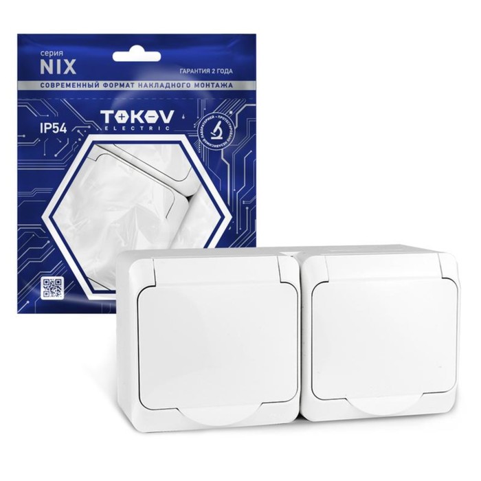 Розетка TOKOV ELECTRIC, Nix, двухместная, 16 А, IP54, 250 В, с заземлением, с крышкой, белый, TKE-NX-R2Z-C01 - Фото 1