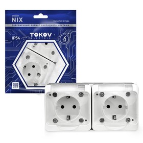 Розетка TOKOV ELECTRIC, Nix, 2-м, 16А, IP54, 250В, с з/к, с прозр. кр, белый, TKE-NX-R2Z-C01T-IP54 10404723