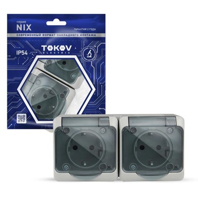 Розетка TOKOV ELECTRIC,Nix, 2-м,16А,IP54, 250В,с з/к,с прозр.кр,серый,TKE-NX-R2Z-C06T-IP54