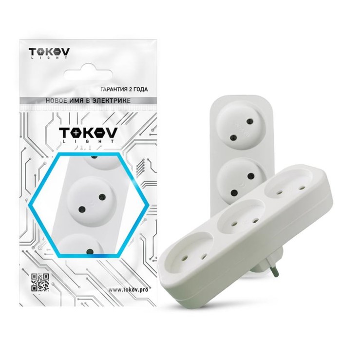 Разветвитель TOKOV ELECTRIC, 3-м, без з/к, 16А, 250В, IP20, полипропилен, белый, TKL-S3-C01 - Фото 1