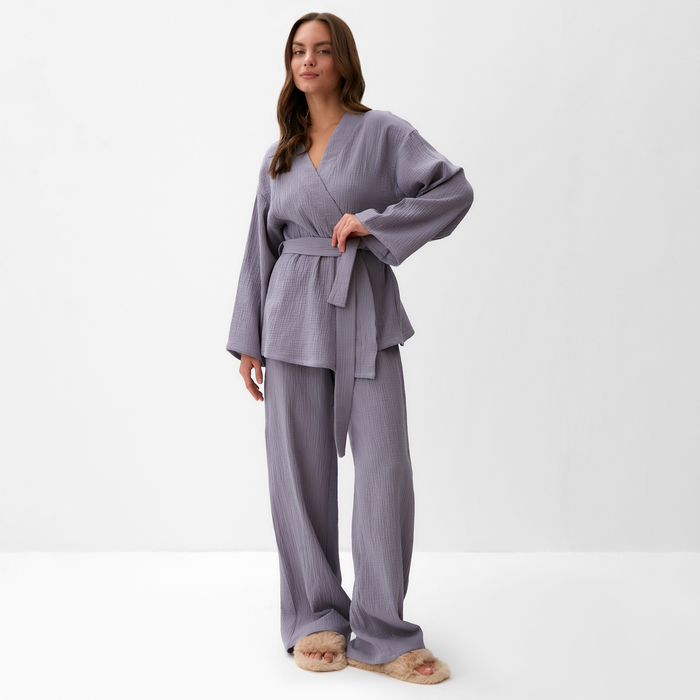Комплект домашний женский (рубашка на запах, брюки) KAFTAN Basic размер 44-46, серый - Фото 1