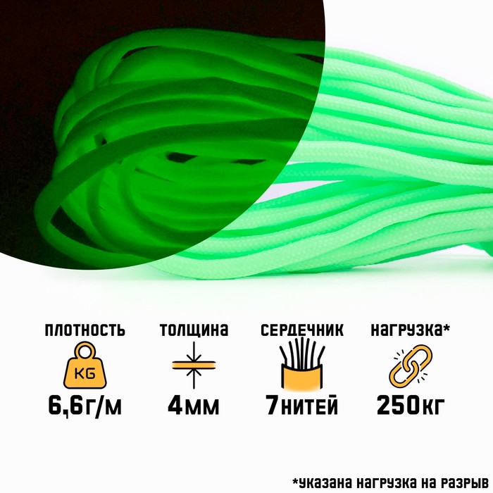 Паракорд светящийся в темноте "Мастер К." 4 мм, 10 м, зеленый - Фото 1
