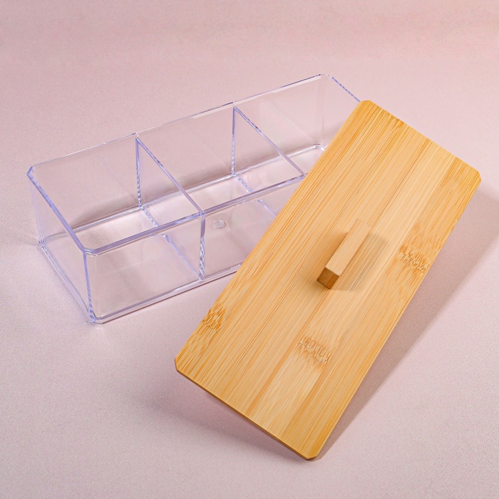 Органайзер для хранения «BAMBOO», с крышкой, 3 секции, 23,3 × 9,4 × 8,9 см, цвет прозрачный/коричневый