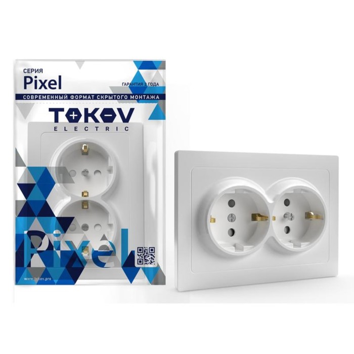 Розетка TOKOV ELECTRIC, Pixel, 2-м, 16А, IP20, с з/к, с защ. шторкой, белый, TKE-PX-R2FZSF-C01 - Фото 1