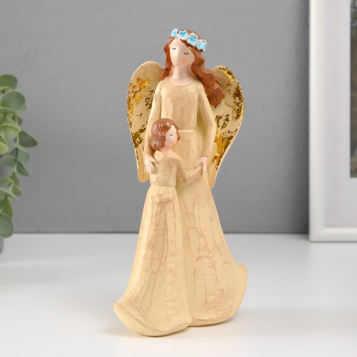Сувенир полистоун "Девушка-ангел в голубом венке с ребенком" 6х12х20,5 см