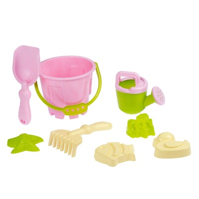 Набор игрушек для песочницы, 8 предметов: ведро 1.2 л, лопатка, грабли, 4 формочки, лейка, розово-салатовый