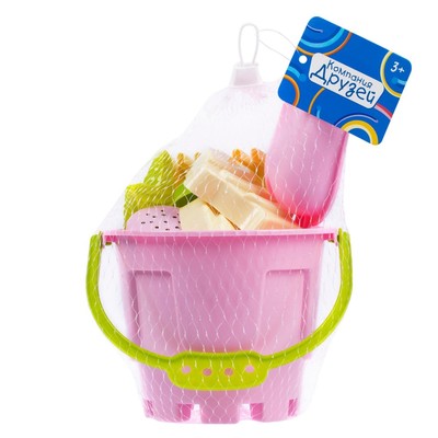 Набор игрушек для песочницы, 8 предметов: ведро 1.2 л, лопатка, грабли, 4 формочки, лейка, розово-салатовый