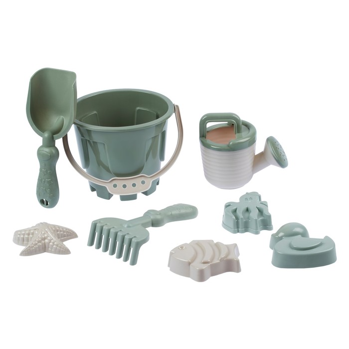 Набор игрушек для песочницы, 8 предметов: ведро 1.2 л, лопатка, грабли, 4 формочки, лейка, бледно-зелёный - Фото 1