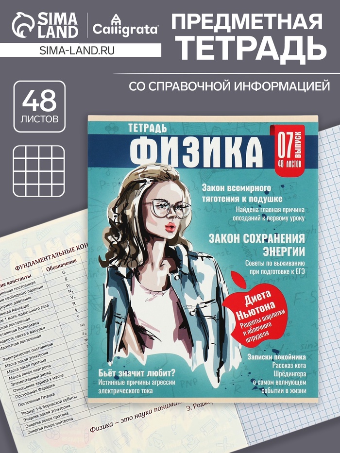 Тетрадь предметная 48 листов в клетку Calligrata «Журнал. Физика», картонная обложка, серые листы - Фото 1