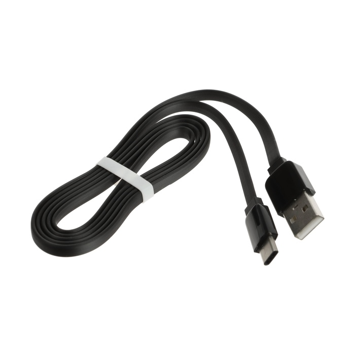 Кабель Type-C - USB, 2.4 А, 1 м, зарядка + передача данных, плоский, пакет, черный - Фото 1