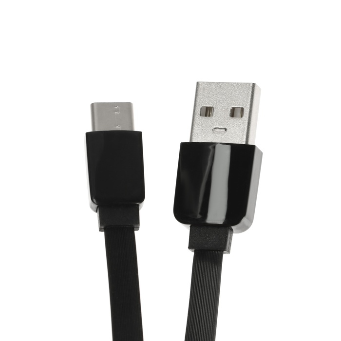 Кабель Type-C - USB, 2.4 А, 1 м, зарядка + передача данных, плоский, пакет, черный