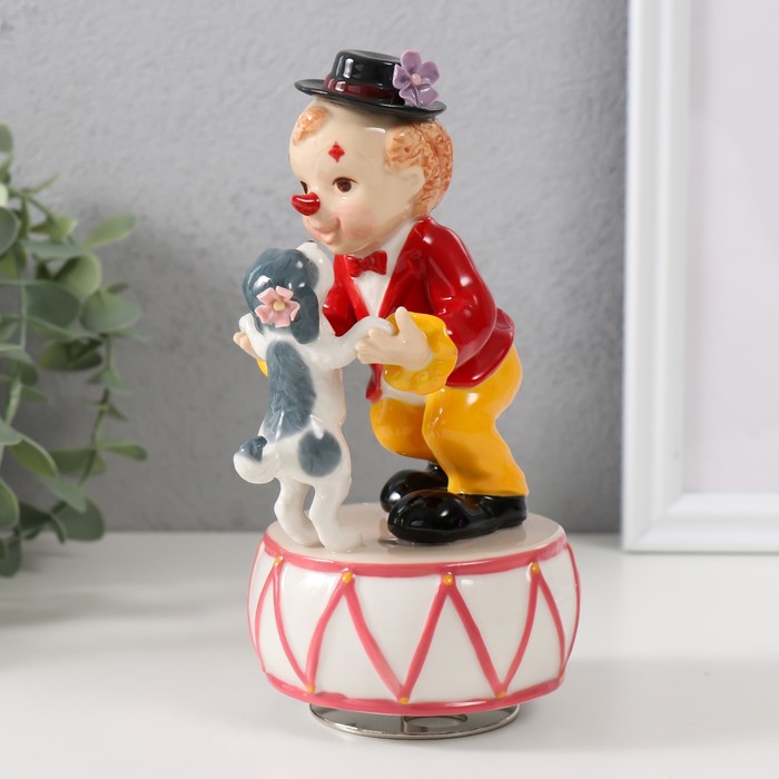 Сувенир керамика музыкальный "Клоун танцует с собачкой на барабане" 8х9,5х16,5 см