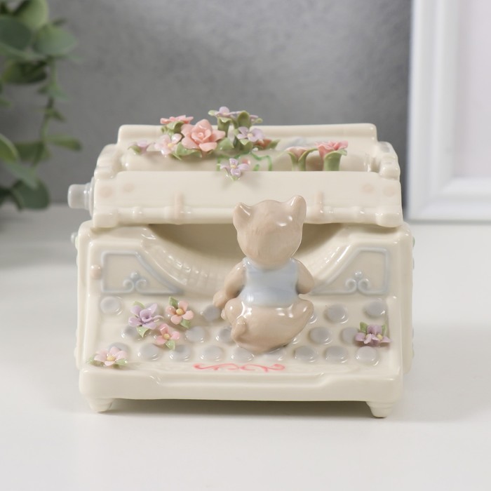 Сувенир керамика музыкальный "Котёнок с цветочной печатной машинкой" 9х11х7,5 см