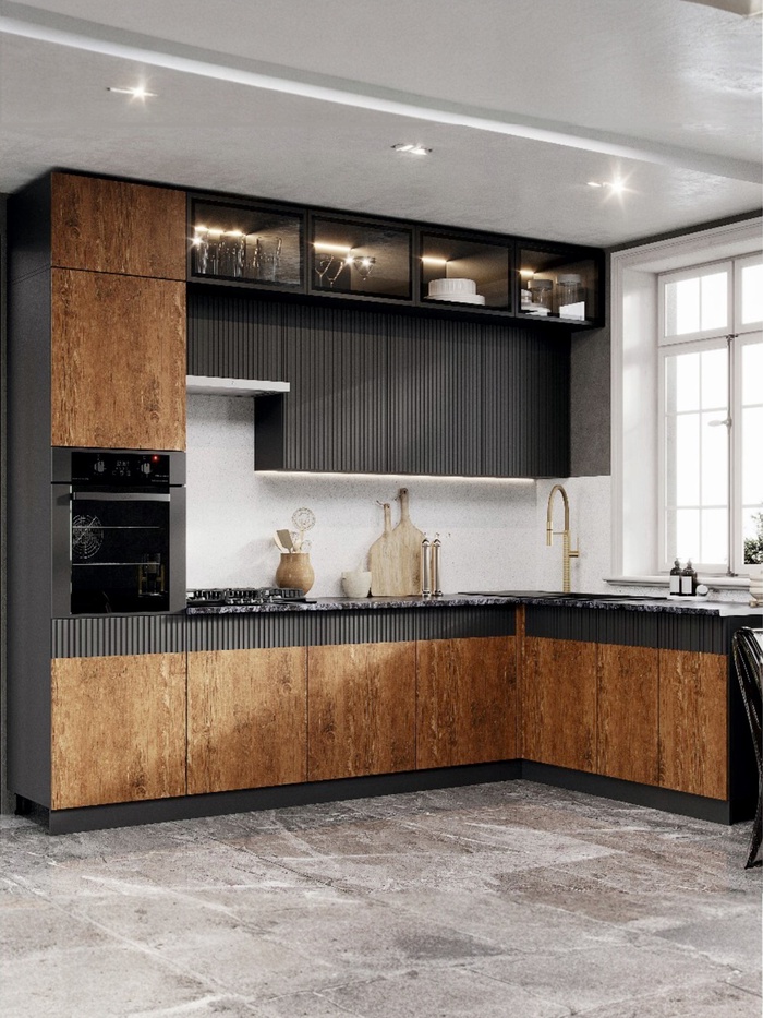 Кухня угловая трёхуровневая в потолок «Престиж», 3000×1800 мм, цвет графит/амазония - Фото 1