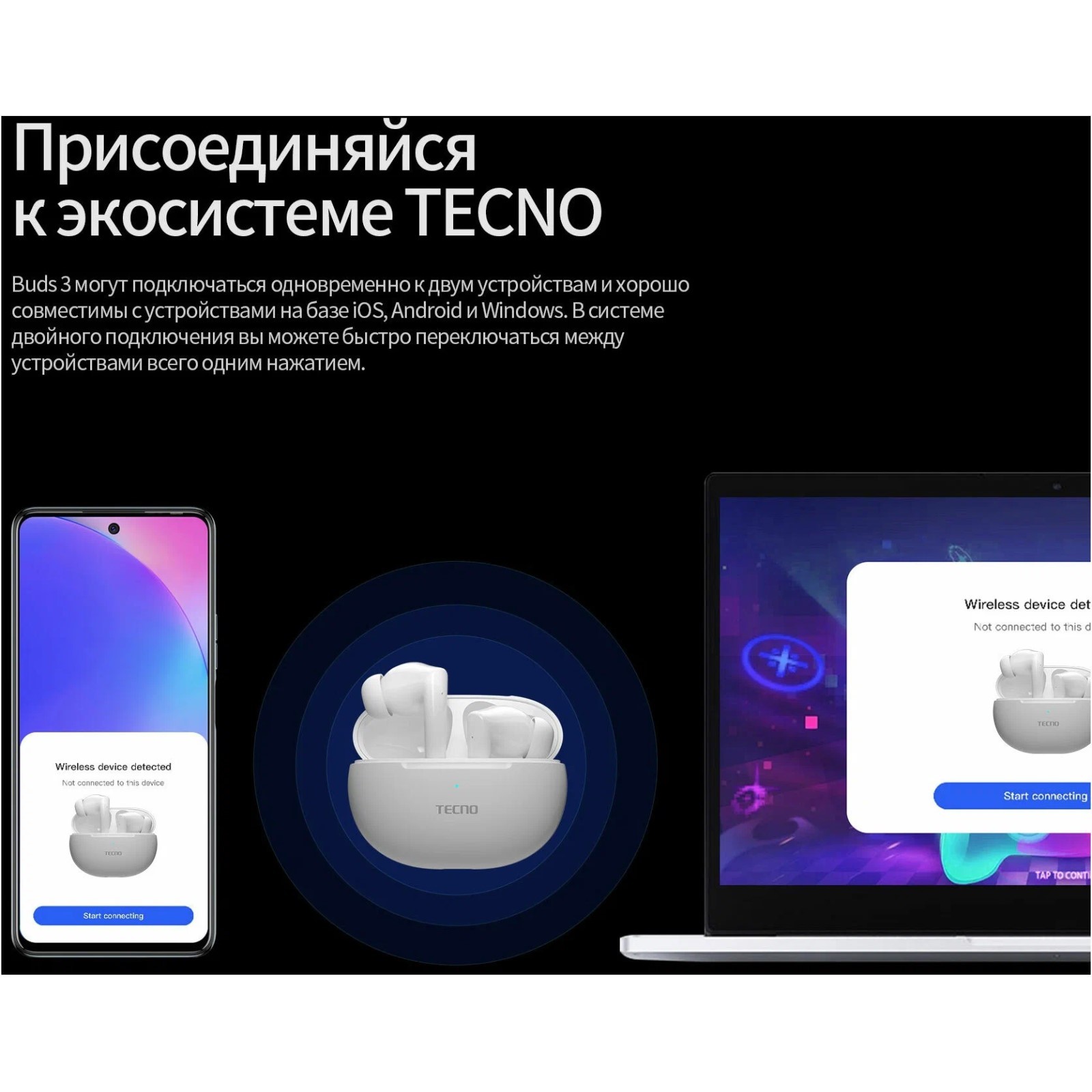 Наушники Tecno Buds 3, беспроводные, TWS, вакуумные, BT 5.3, 37/500 мАч, микрофо