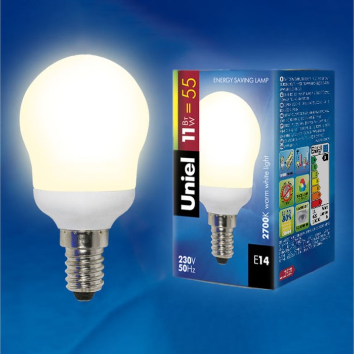 Лампа люминесцентная Uniel, E14, 2700К, свечение тёплое белое