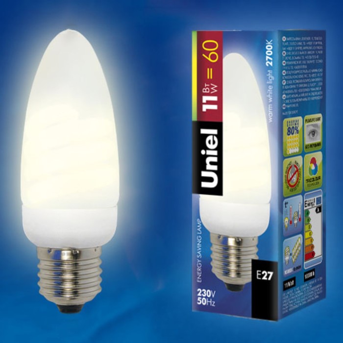 Лампа люминесцентная Uniel, E27, 2700К, свечение тёплое белое