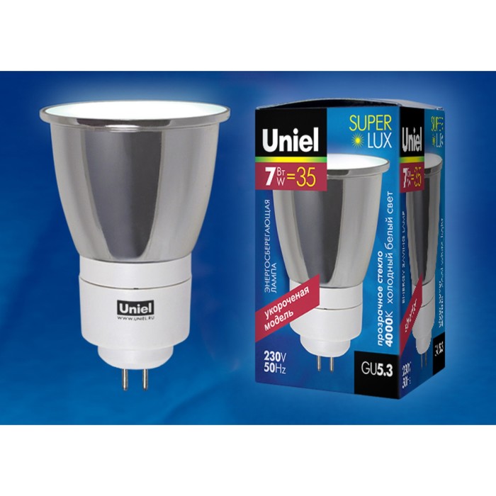 Лампа люминесцентная Uniel, GU5.3, 7 Вт, 4000К, свечение белое