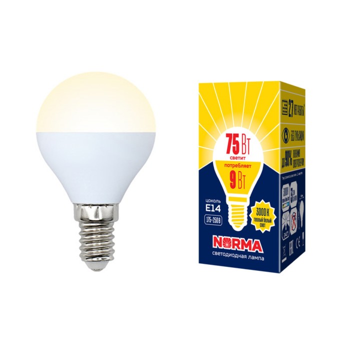 Лампа светодиодная Uniel, E14, 9 Вт, свечение тёплое белое