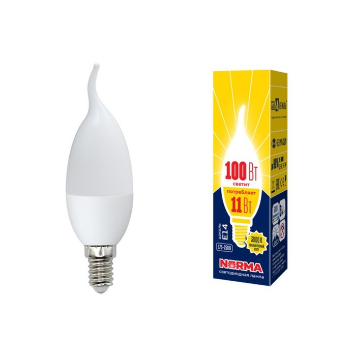 Лампа светодиодная Uniel, E14, 11 Вт, свечение тёплое белое - Фото 1