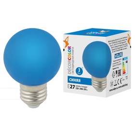 Лампа светодиодная Uniel, E27, 3 Вт, свечение синее