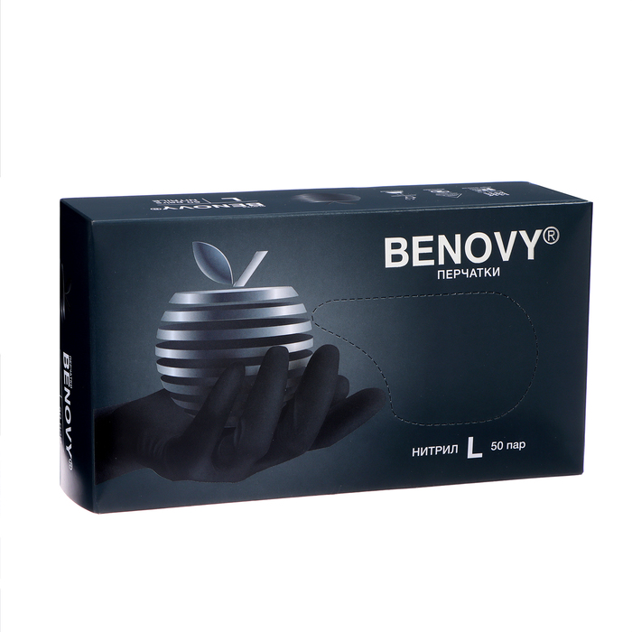 Перчатки Benovy нитриловые чёрные 3 гр L  50 пар/уп