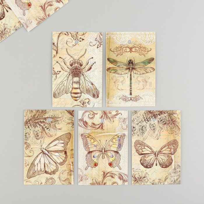 Бирка картон "Винтажная бабочка" набор 10 шт (5 видов) 4х6 см - Фото 1