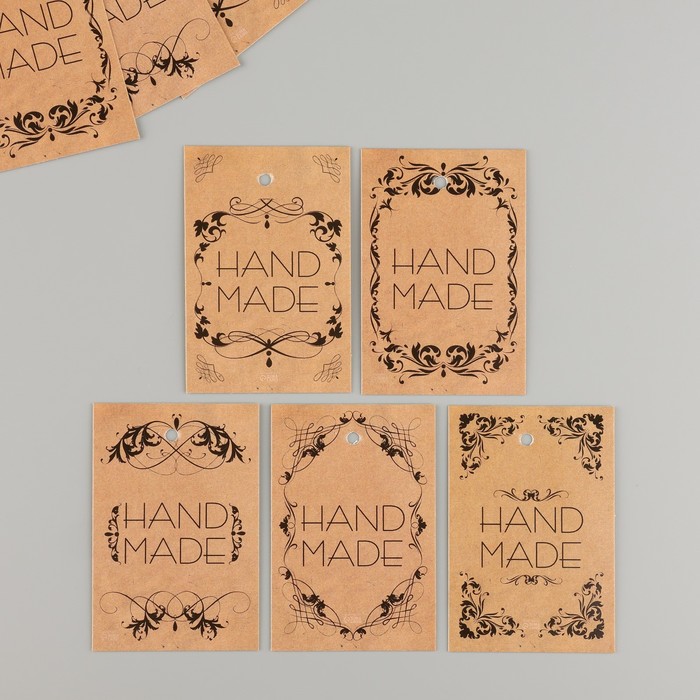 Бирка картон "Хэнд мэйд", крафт, набор 10 шт (5 видов) 4х6 см - Фото 1