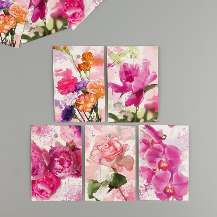 Бирка картон Акварельные цветы набор 10 шт (5 видов) 4х6 см