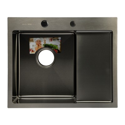 Мойка кухонная AFLORN AF95848F-L, врезная, левая, S=3 и 0.8 мм, 58×48×22 см, сифон, графит