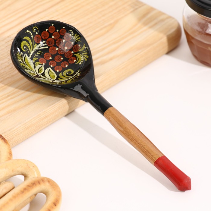 Ложка деревянная полубаская с росписью ягодка, 19×6 см, МИКС - Фото 1