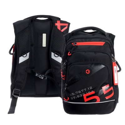 Рюкзак школьный, 40 х 25 х 22 см, Grizzly, эргономичная спинка, отделение для ноутбука, чёрный/красный