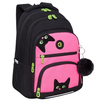Рюкзак школьный, 39 х 30 х 19 см, Grizzly, эргономичная спинка, отделение для ноутбука, + брелок, чёрный/розовый