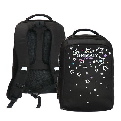 Рюкзак школьный, 39 х 26 х 17 см, Grizzly, "Звездопад", эргономичная спинка, чёрный