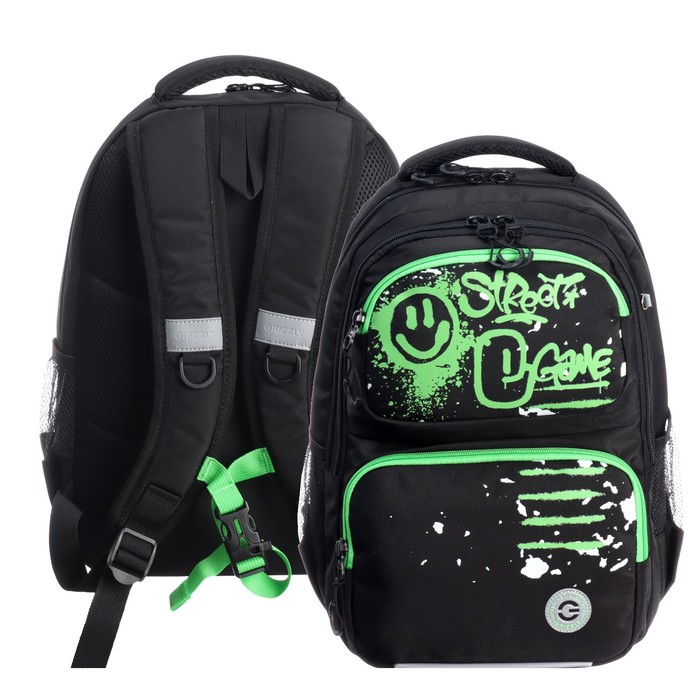 Рюкзак школьный, 39 х 28 х 20 см, Grizzly, эргономичная спинка, отделение для ноутбука, чёрный