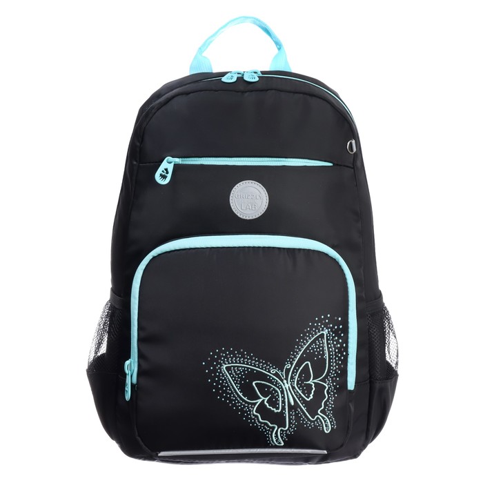 Рюкзак школьный, 40 х 25 х 13 см, Grizzly, эргономичная спинка, отделение для ноутбука, чёрный/бирюзовый