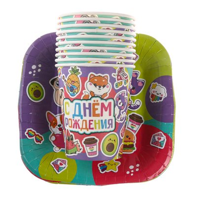 Набор бумажной посуды одноразовый «Стикер др»: 10 стаканов, 10 тарелок