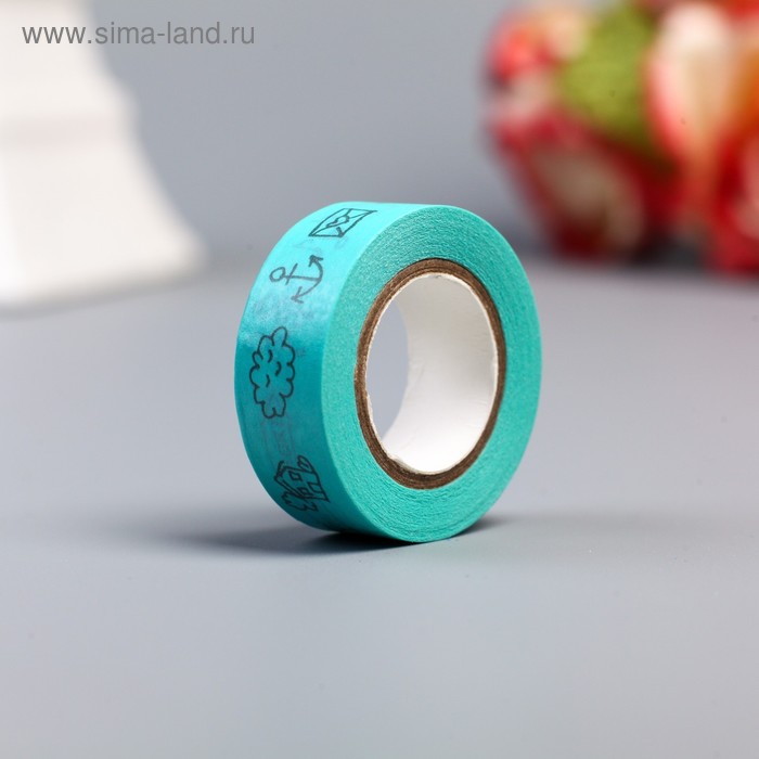 Клейкая лента декоративная бумажная "Морской прибой" голубой 1,5 см, длина 10 метров - Фото 1