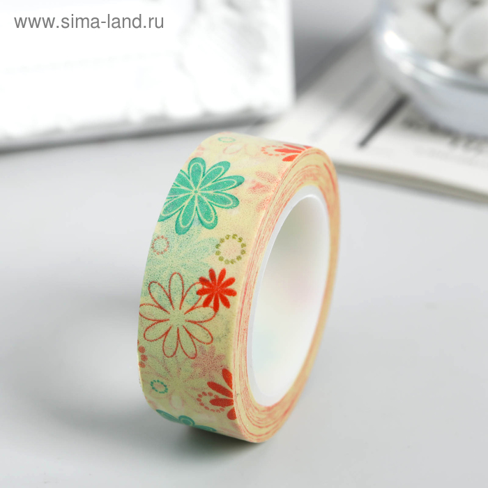 Клейкая лента декоративная бумажная "Сказочные цветы" 1,5 см, длина 10 метров - Фото 1