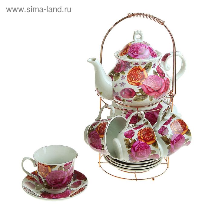 Сервиз чайный на стенде "Розарий", 13 предметов: чайник 1 л, шесть чашек 200 мл, шесть блюдец - Фото 1