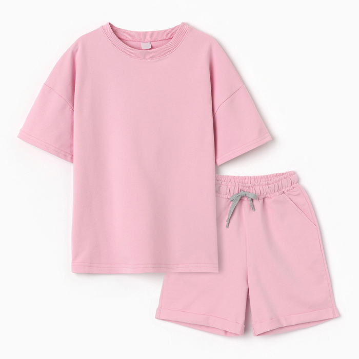 Костюм детский для девочки (футболка,шорты), цвет розовый, рост 122 - Фото 1