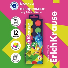 Акварель 12 цветов, ErichKrause Jolly Friends Neon, пластик, с европодвесом 10352425