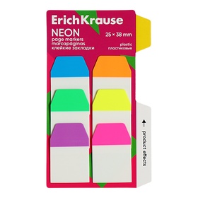Закладки с клеевым краем пластиковые 25X38 мм, ErichKrause "Neon", 60 листов 6 цветов