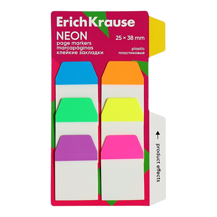 Закладки с клеевым краем пластиковые 25X38 мм, ErichKrause "Neon", 60 листов 6 цветов - Фото 1