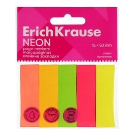 Закладки с клеевым краем бумажные 15x50 мм, ErichKrause "Neon", 500 листов, 5 цветов