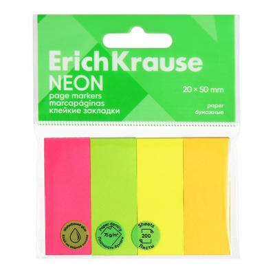Закладки с клеевым краем бумажные 20x50 мм, ErichKrause "Neon", 200 листов, 4 цвета