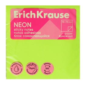 Блок с липким краем бумажный 75х75 мм, ErichKrause "Neon", 100 листов, зеленый