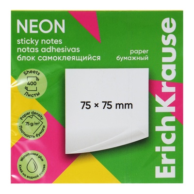Блок с липким краем бумажный 75х75 мм, ErichKrause "Neon", 400 листов, 4 цвета